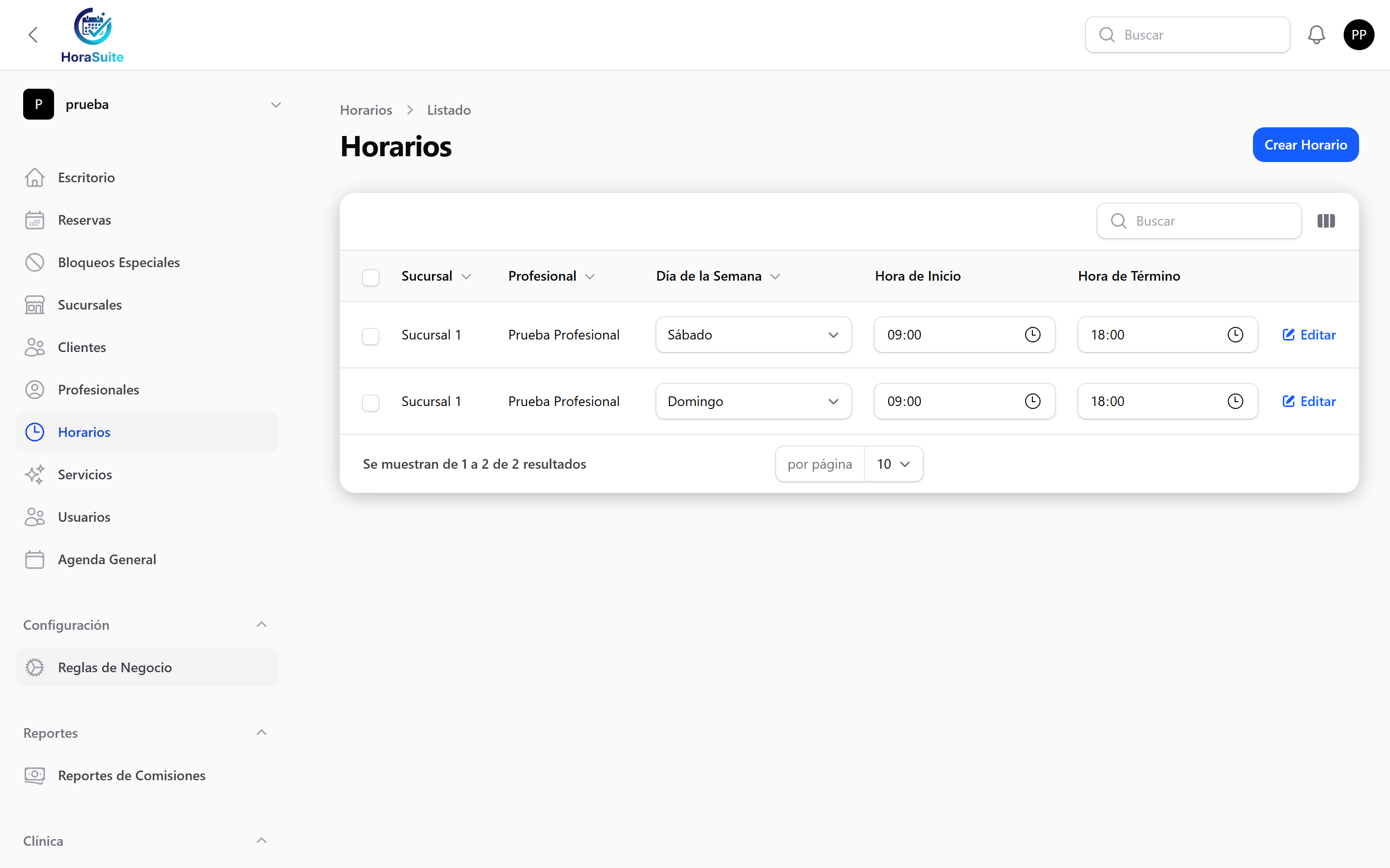 Gestión de Horarios Base en /app
